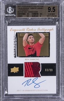 2017-18 UD Exquisite Collection 03-04 Rookie Tribute Jersey Autograph #03TBS Ben Simmons Signed Patch Rookie Card (#03/99) - GEM MINT 9.5/BGS 10